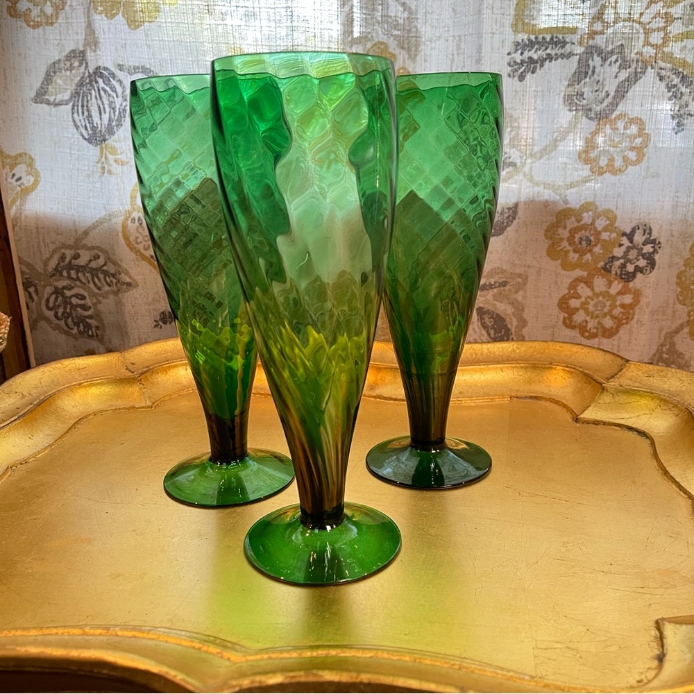 Vintage  3 Empoli Optic Drinking Glasses, Emerald Green  Optic Glass Handblown - Picture 12 of 16